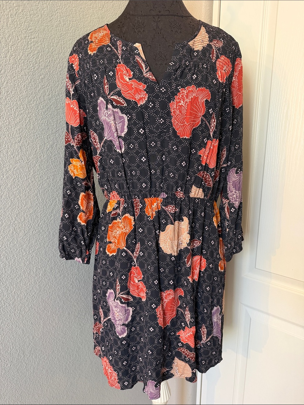 DR2 Black Floral Printed V-Neck Long Sleeve Dress Size Large